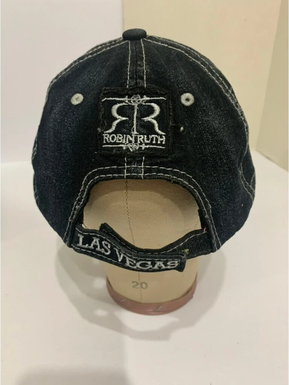 Robin Ruth Las Vegas NV Black Distressed Denim Embroidered Baseball Cap Hat